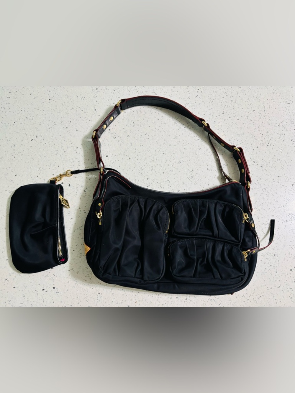 MZ Wallace Black Ruched Shoulder Bag with Wristlet